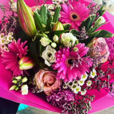 Pretty in pink bouquet - Beautiful selection to include roses, lillies , gerberas