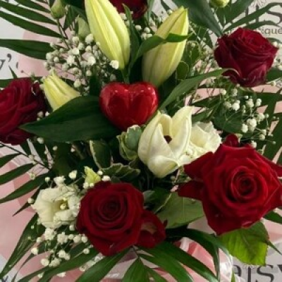 Your Perfect To Me - A mixture of lily's, red roses, gypsophila and foliages in a front facing arrangement