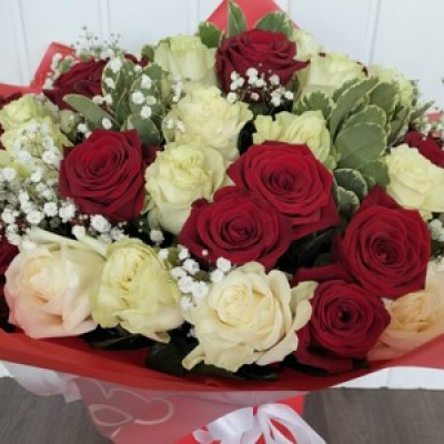 50 Red & White Roses - 50 Red & White roses, gypsophila and greenery in a handtied arrangement