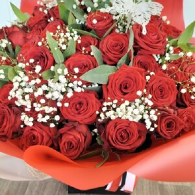 50 Luxury Red Naomi Roses - 50 Luxury Red Naomi Roses, gypsophila and greenery in a handtied arrangement