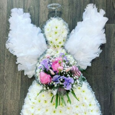 Pink & Purple Angel - A special Angel tribute in pink, purple & white. Based in white Chrysanthemums, feathers and a cluster of seasonal flowers