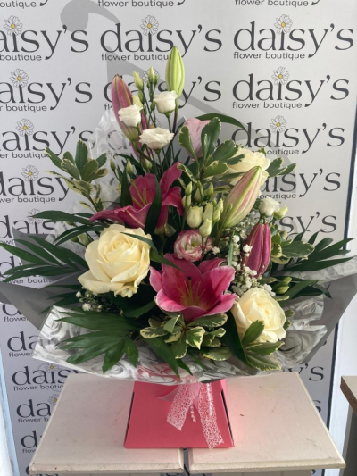 Just Perfect - A beautiful front facing box arrangement bursting with seasonal flowers & foliages in pinks & whites