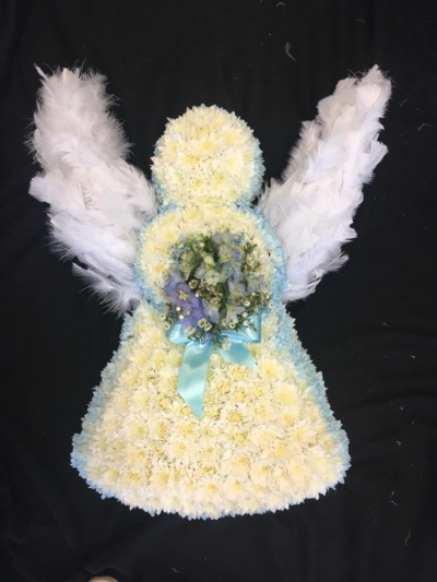 Angel - Blue - A special Angel tribute in white & blue colours. White based chrysanthemums, feathers & a cluster of white & blue flowers with a satin bow.