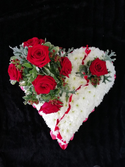 Broken Heart - Red Rose - A beautiful broken heart tribute. Edged with red ribbon, massed in White Chrysanthemum and a cluster of Red Roses & foliages