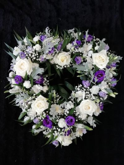 Loose Open Heart - Purple & White - A beautiful loose open Heart in a range of seasonal flowers & foliages including Roses. This heart is designed in purple & whites
