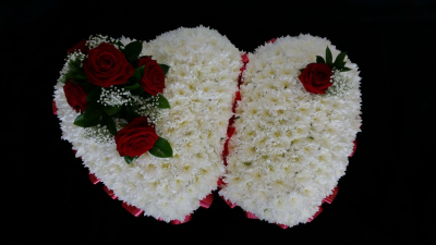 Red Rose Double Based Heart - Based Double Heart With Red Roses, white gypsophila & foliage as a funeral tribute