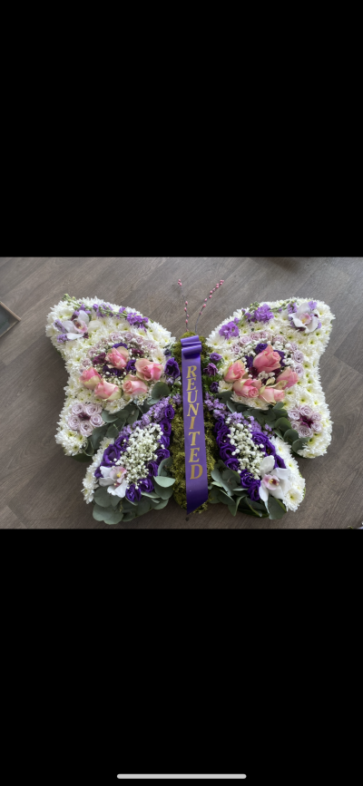 Pale pink, white and purple butterfly with sash - A beautiful, pale pink, white and purple detailed butterfly design with a sash with one word your choice. Please add word requested to special instructions