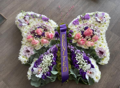 Pale pink, white and purple butterfly with sash - A beautiful, pale pink, white and purple detailed butterfly design with a sash with one word your choice. Please add word requested to special instructions