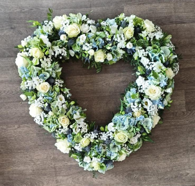 Heart - Sky blue & white - A luxury sky blue & white heart with roses, hydrangeas and a mixture of flowers & foliages