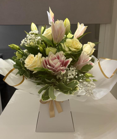 Marion - A Flowerbox with luxury wrapped filled with whites & pale pink flowers including lilies