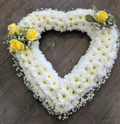 Open Based Heart - Yellow & White - An open heart edged with gypsophila, based in white chrysanthemums and a cluster of yellow & white flowers