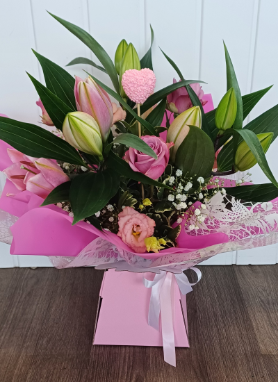 Mother's Day Special - A Flowerbox arrangement bursting with beautiful blooms in pinks & whites.