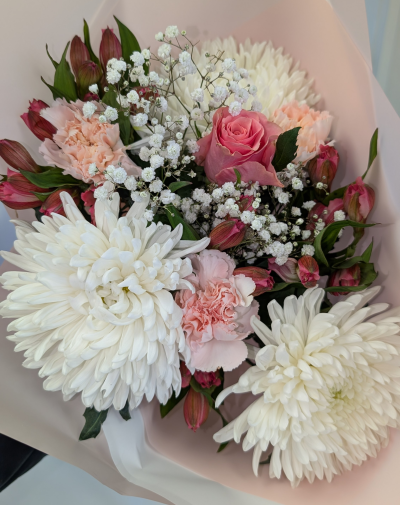 Pink Bouquet - A bouquet beautiful wrapped and bursting with flowers in pinks & whites